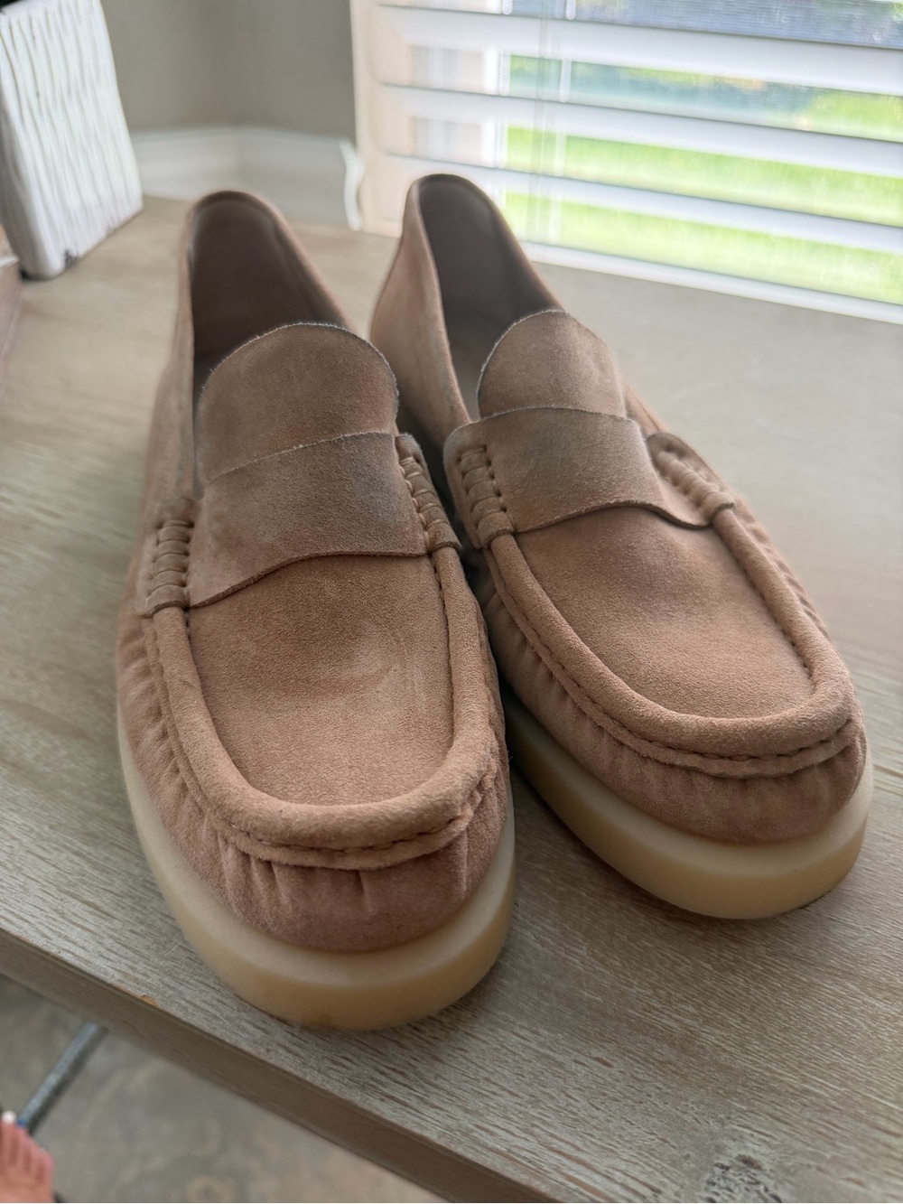 Stuart Weitzman Suede Platform Penny Loafers Taupe Tan US 8 Made in Spai